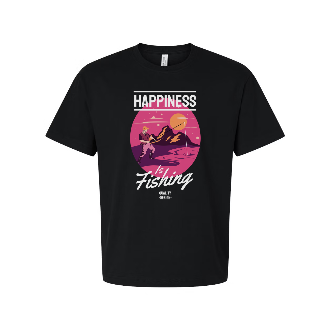 Unisex Fishing Shirt With Happiness Is Fishing Graphic Sunset Circle Design Artwork