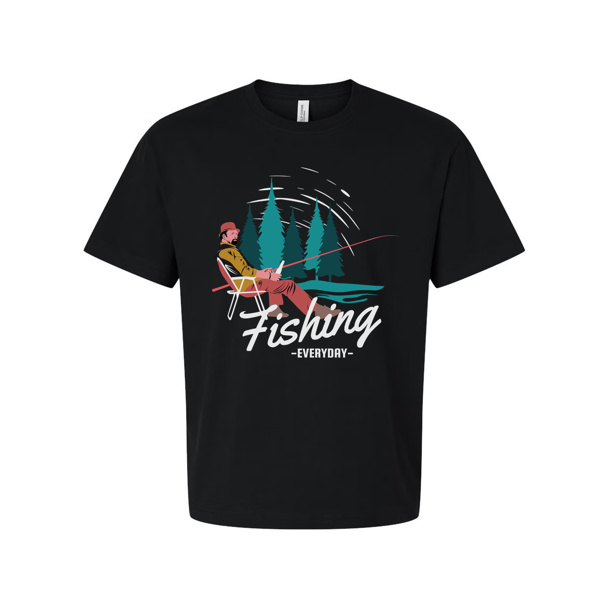 Unisex Fishing T Shirt With Forest Scene Angler Illustration By The River In Colorful Graphic