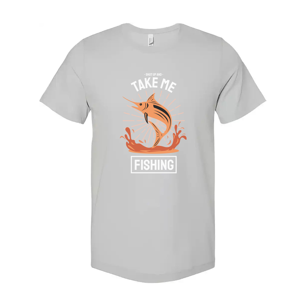 Shut Up And Take Me Fishing Unisex Graphic Tee With Jumping Marlin And Ocean Splash Design