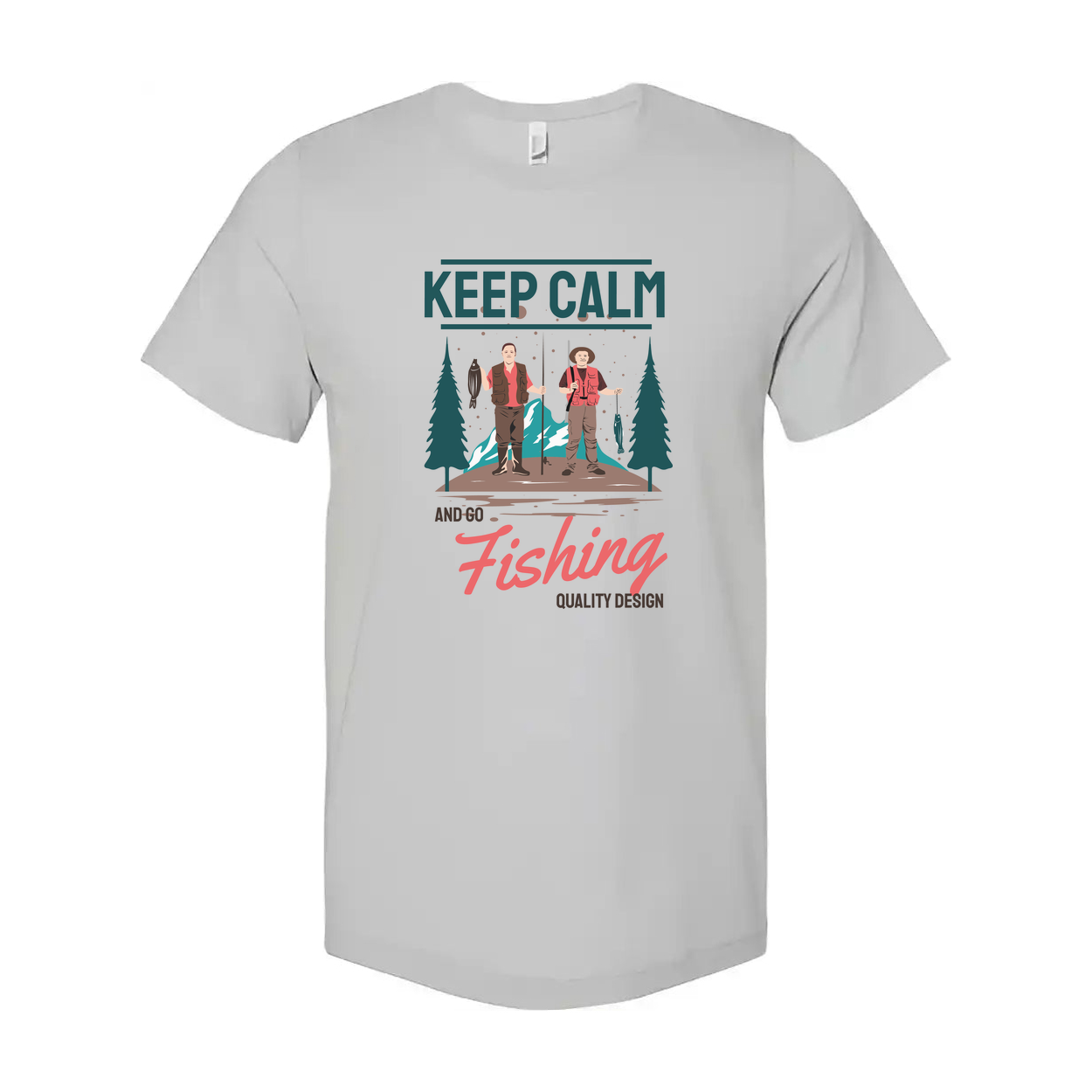 Keep Calm And Go Fishing Graphic Tee Featuring Two Anglers In A Forest Scene For Outdoorsy Unisex Wear
