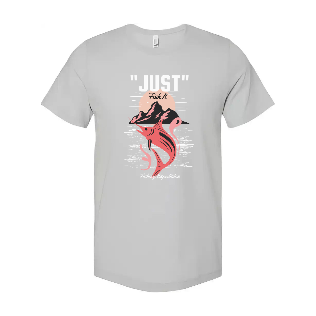 Just Fish It Graphic Unisex T Shirt With Sunset Mountain Marlin Design For Fishing Enthusiasts