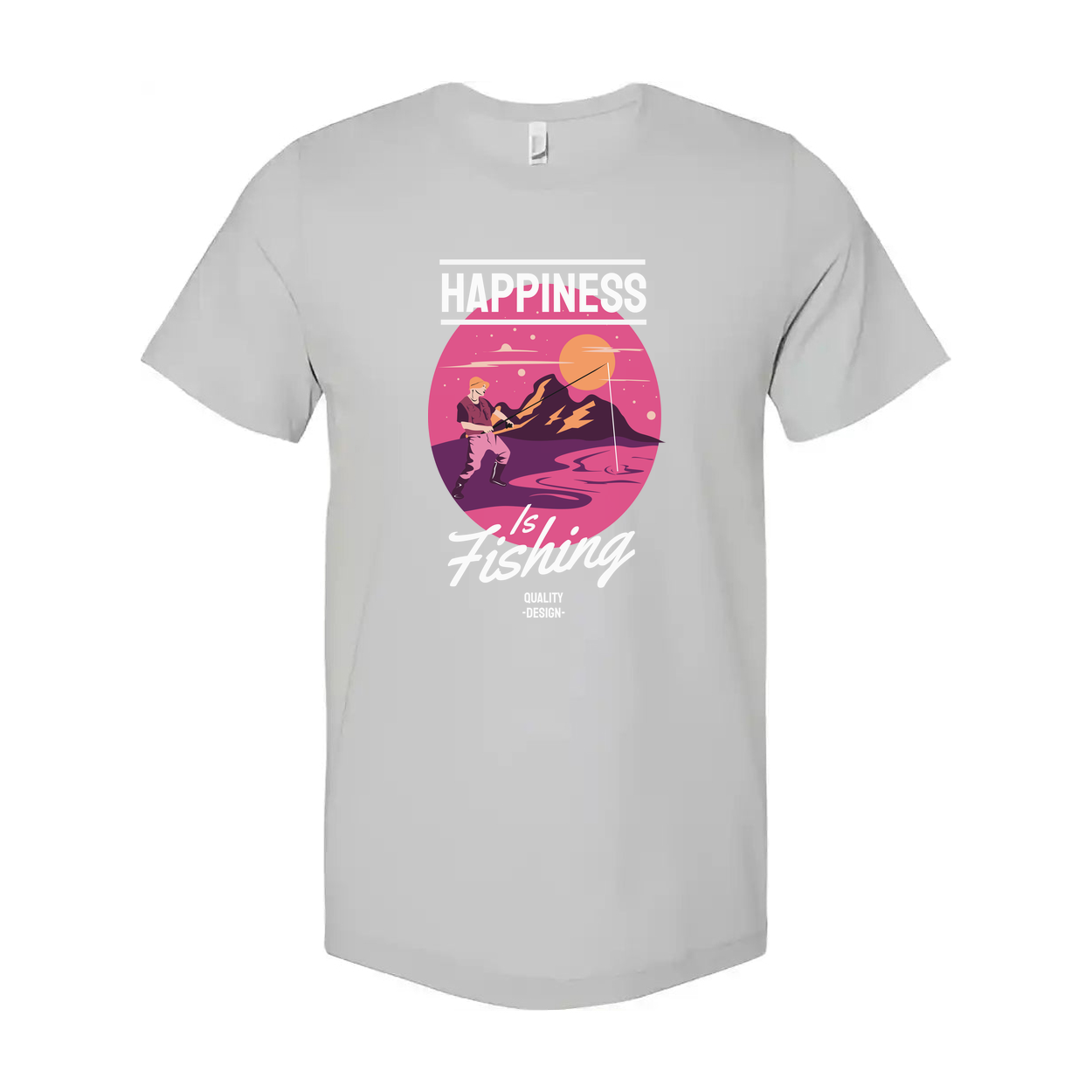 Unisex Fishing Shirt With Happiness Is Fishing Graphic Sunset Circle Design Artwork