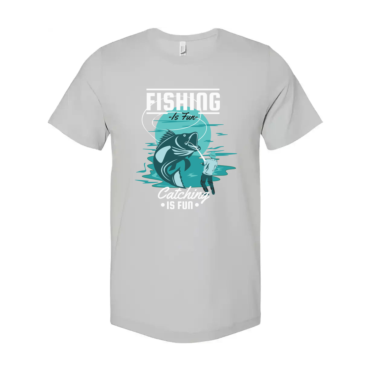 Fishing Is Fun Graphic Tee With Angler And Jumping Fish
