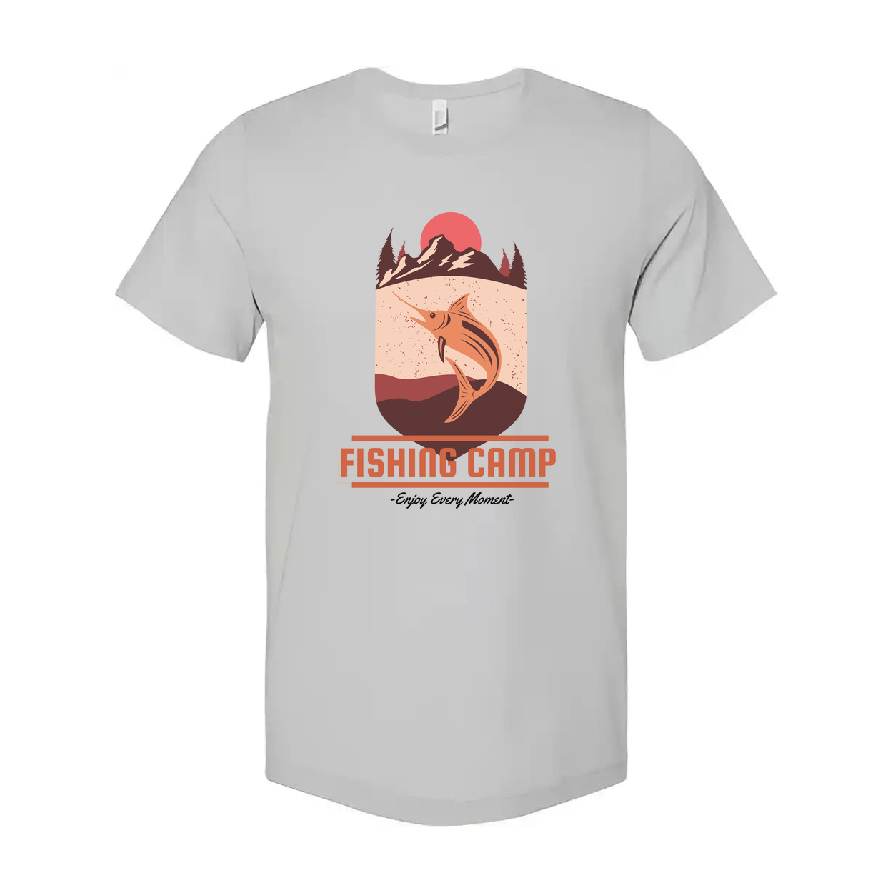 Fishing Camp Graphic T Shirt With Mountain Sunset And Leaping Fish Design For Outdoor Lovers
