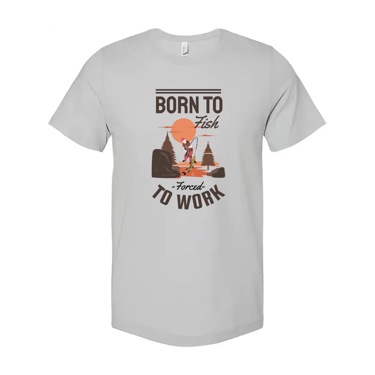 Born To Fish Unisex Graphic Tee With Fishing Scene And Forced To Work Slogan For Outdoor Wear