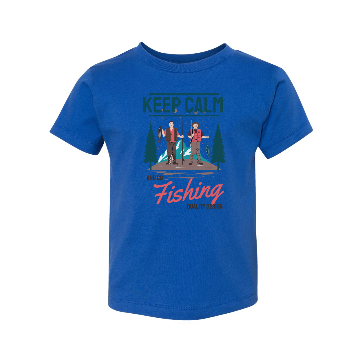 Keep Calm And Go Fishing Graphic Tee Featuring Two Anglers In A Forest Scene For Outdoorsy Unisex Wear