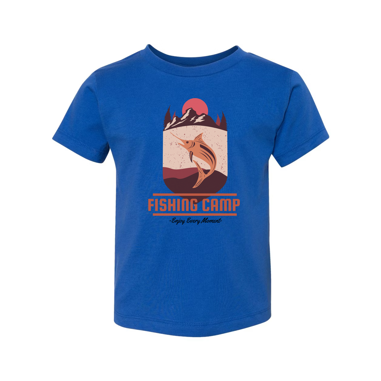 Fishing Camp Graphic T Shirt With Mountain Sunset And Leaping Fish Design For Outdoor Lovers