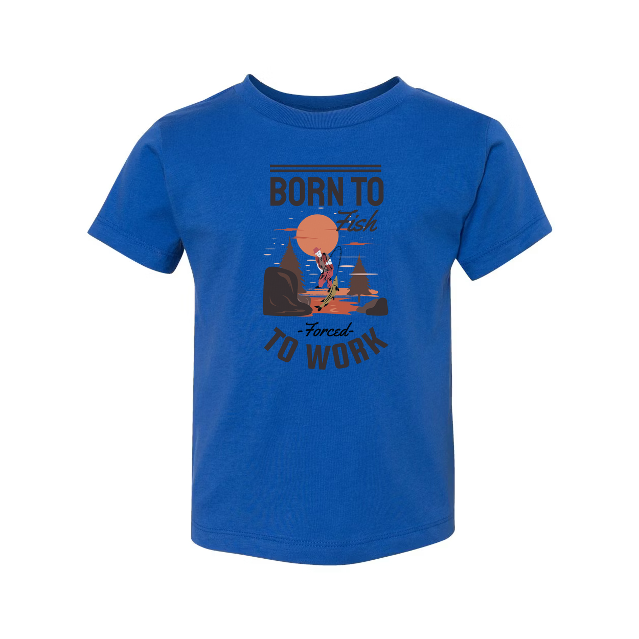Born To Fish Unisex Graphic Tee With Fishing Scene And Forced To Work Slogan For Outdoor Wear