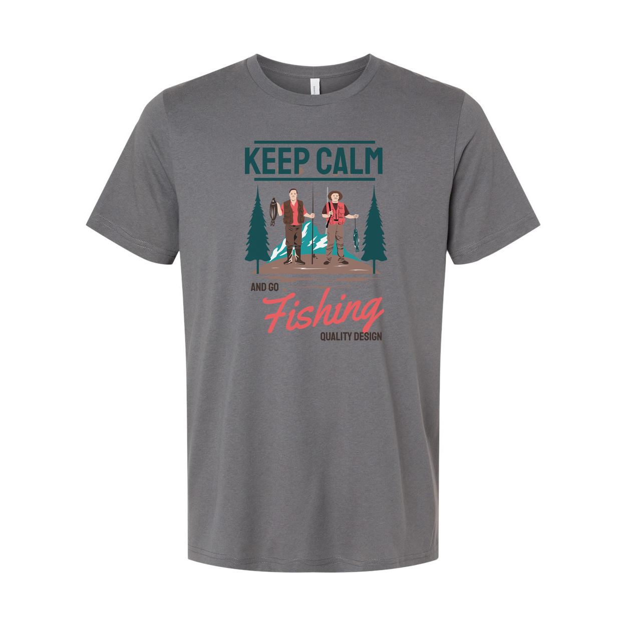 Keep Calm And Go Fishing Graphic Tee Featuring Two Anglers In A Forest Scene For Outdoorsy Unisex Wear