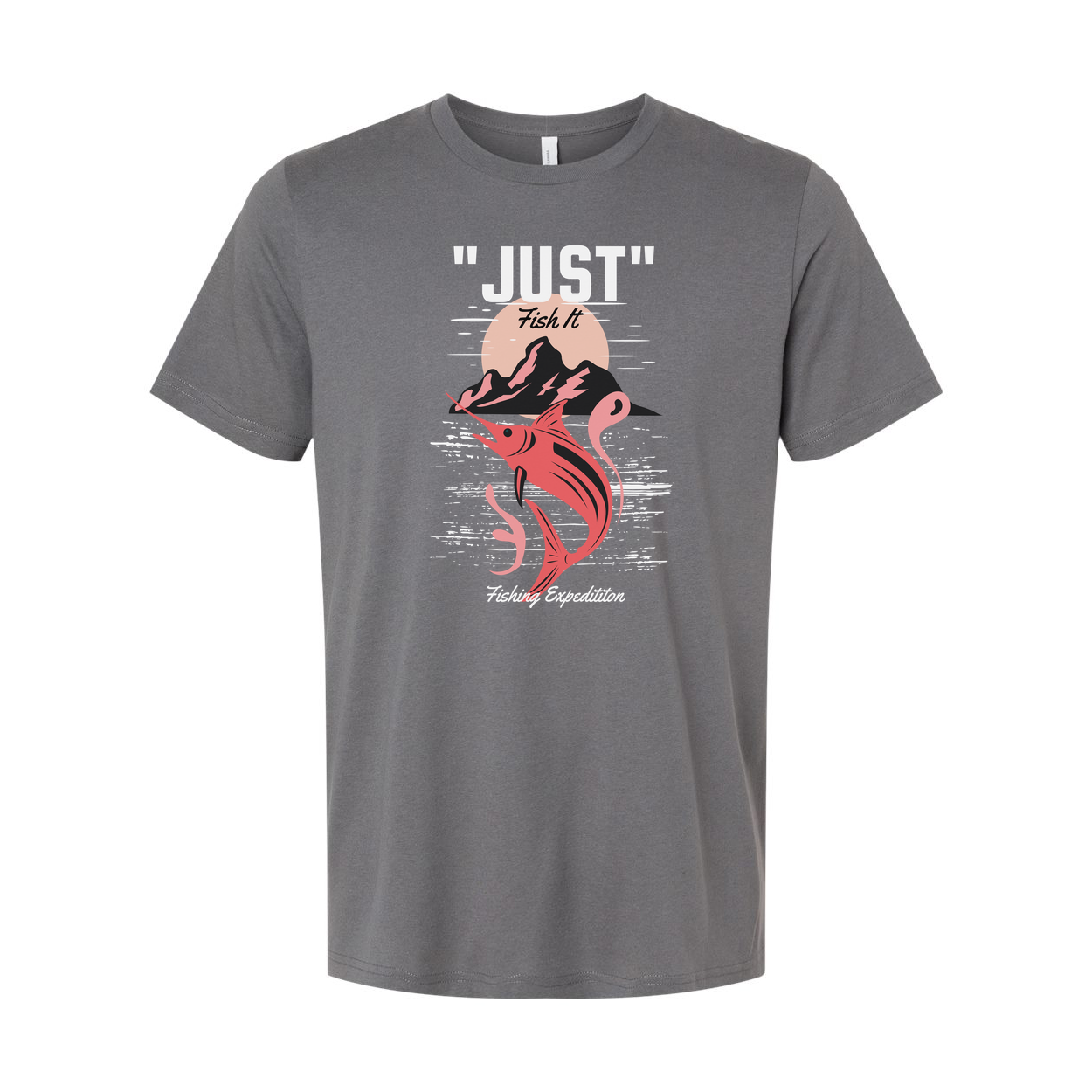 Just Fish It Graphic Unisex T Shirt With Sunset Mountain Marlin Design For Fishing Enthusiasts