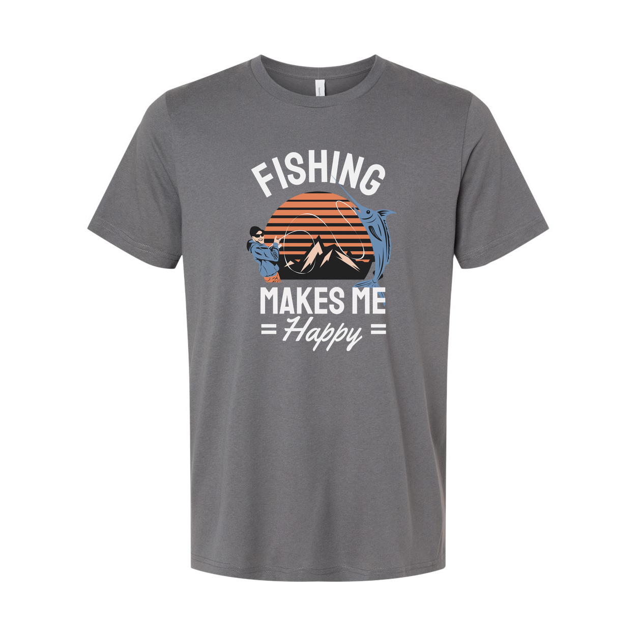 Unisex Fishing Graphic Tee Featuring Sunset Mountain Scene With Angler And Large Fish