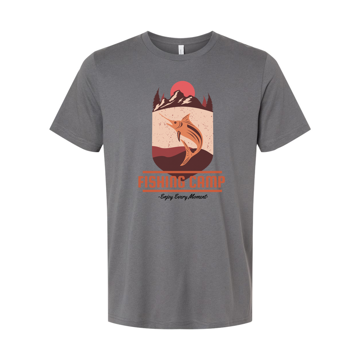 Fishing Camp Graphic T Shirt With Mountain Sunset And Leaping Fish Design For Outdoor Lovers