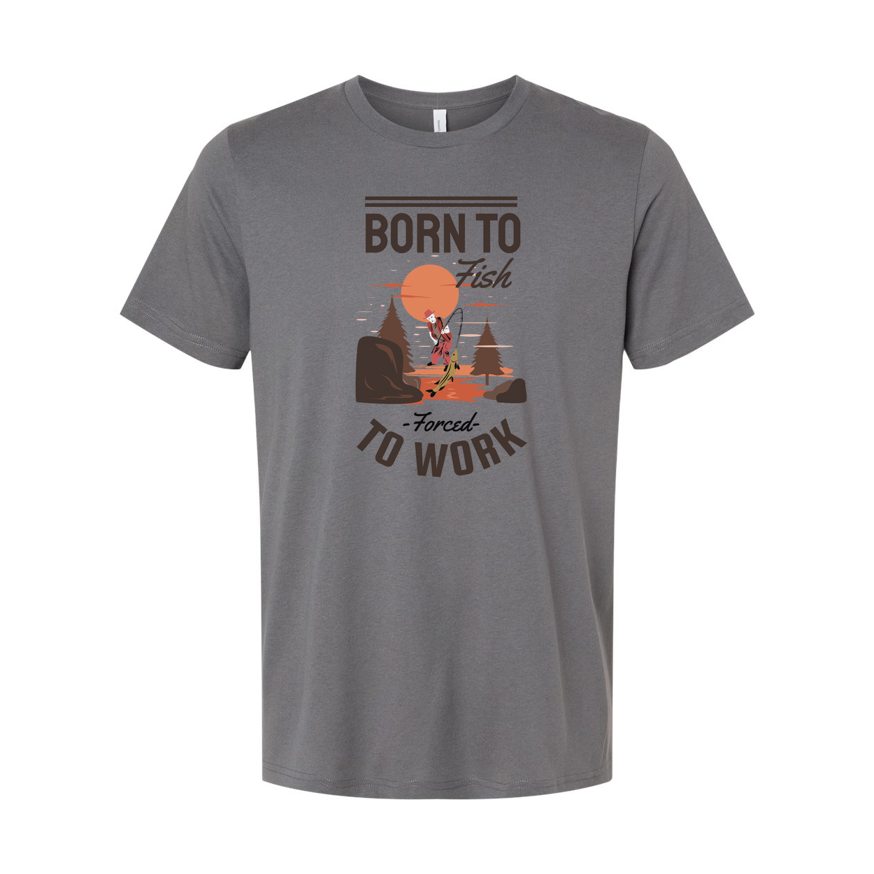 Born To Fish Unisex Graphic Tee With Fishing Scene And Forced To Work Slogan For Outdoor Wear