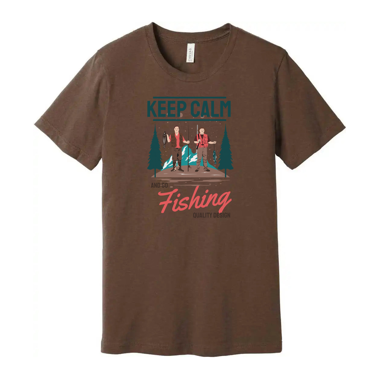 Keep Calm And Go Fishing Graphic Tee Featuring Two Anglers In A Forest Scene For Outdoorsy Unisex Wear