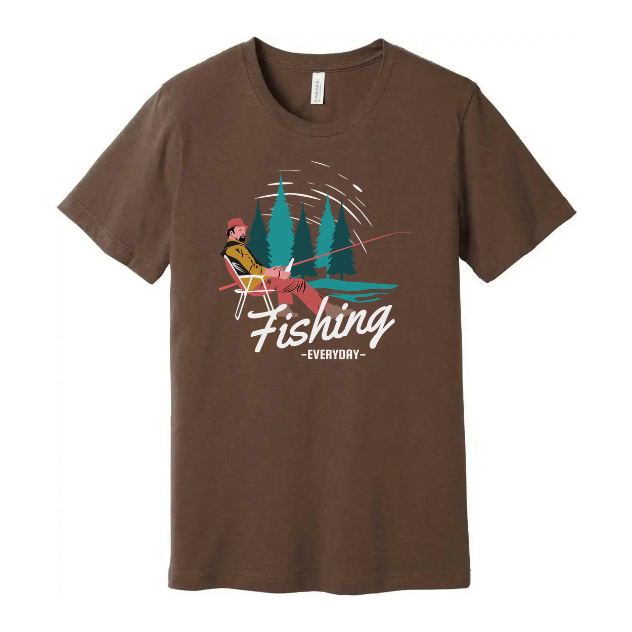 Unisex Fishing T Shirt With Forest Scene Angler Illustration By The River In Colorful Graphic