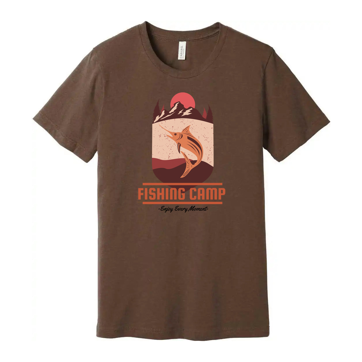Fishing Camp Graphic T Shirt With Mountain Sunset And Leaping Fish Design For Outdoor Lovers