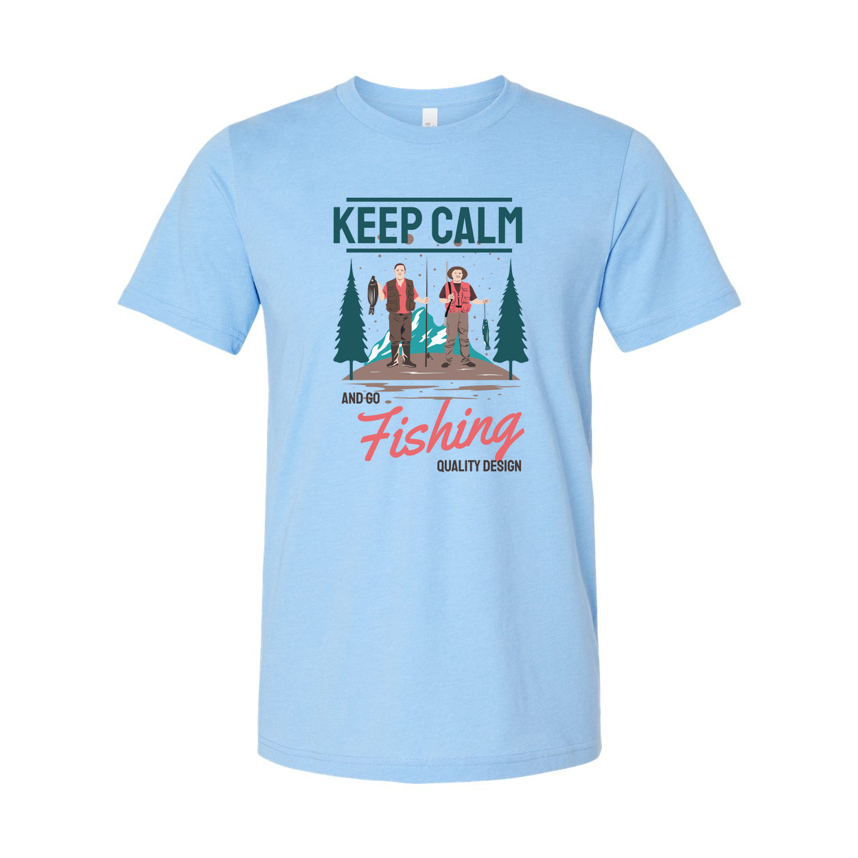 Keep Calm And Go Fishing Graphic Tee Featuring Two Anglers In A Forest Scene For Outdoorsy Unisex Wear