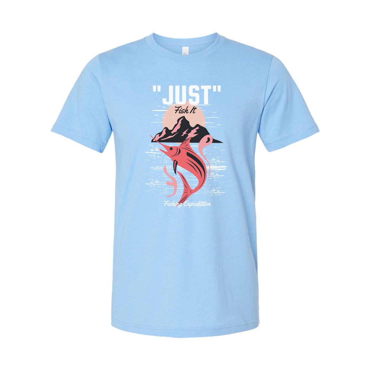 Just Fish It Graphic Unisex T Shirt With Sunset Mountain Marlin Design For Fishing Enthusiasts