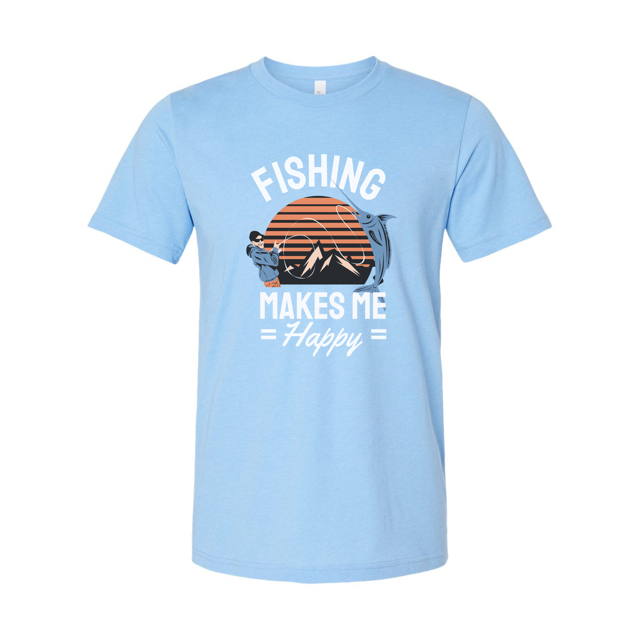 Unisex Fishing Graphic Tee Featuring Sunset Mountain Scene With Angler And Large Fish