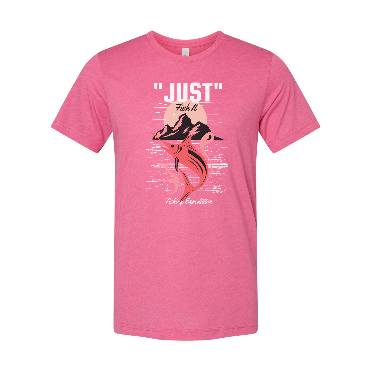 Just Fish It Graphic Unisex T Shirt With Sunset Mountain Marlin Design For Fishing Enthusiasts