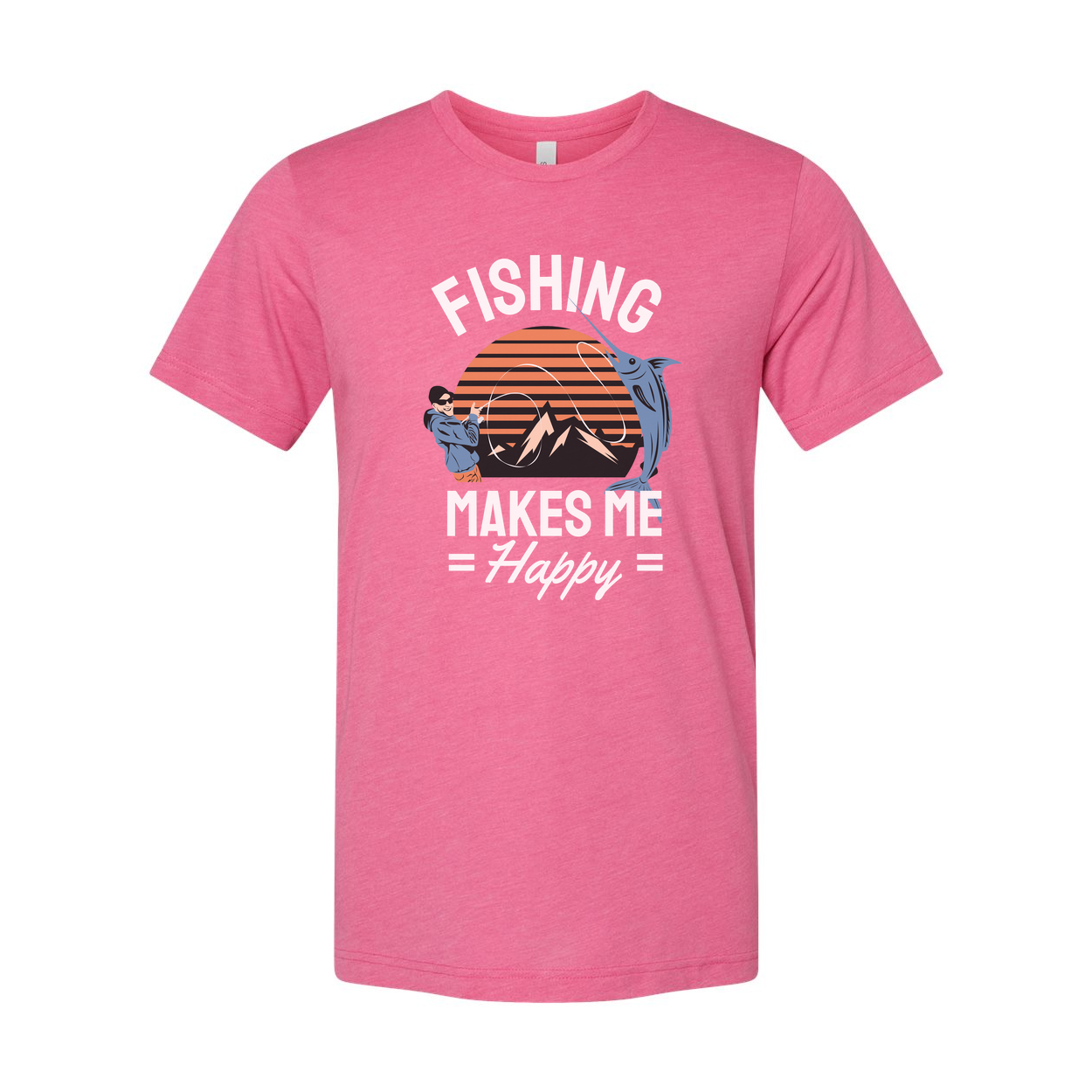 Unisex Fishing Graphic Tee Featuring Sunset Mountain Scene With Angler And Large Fish
