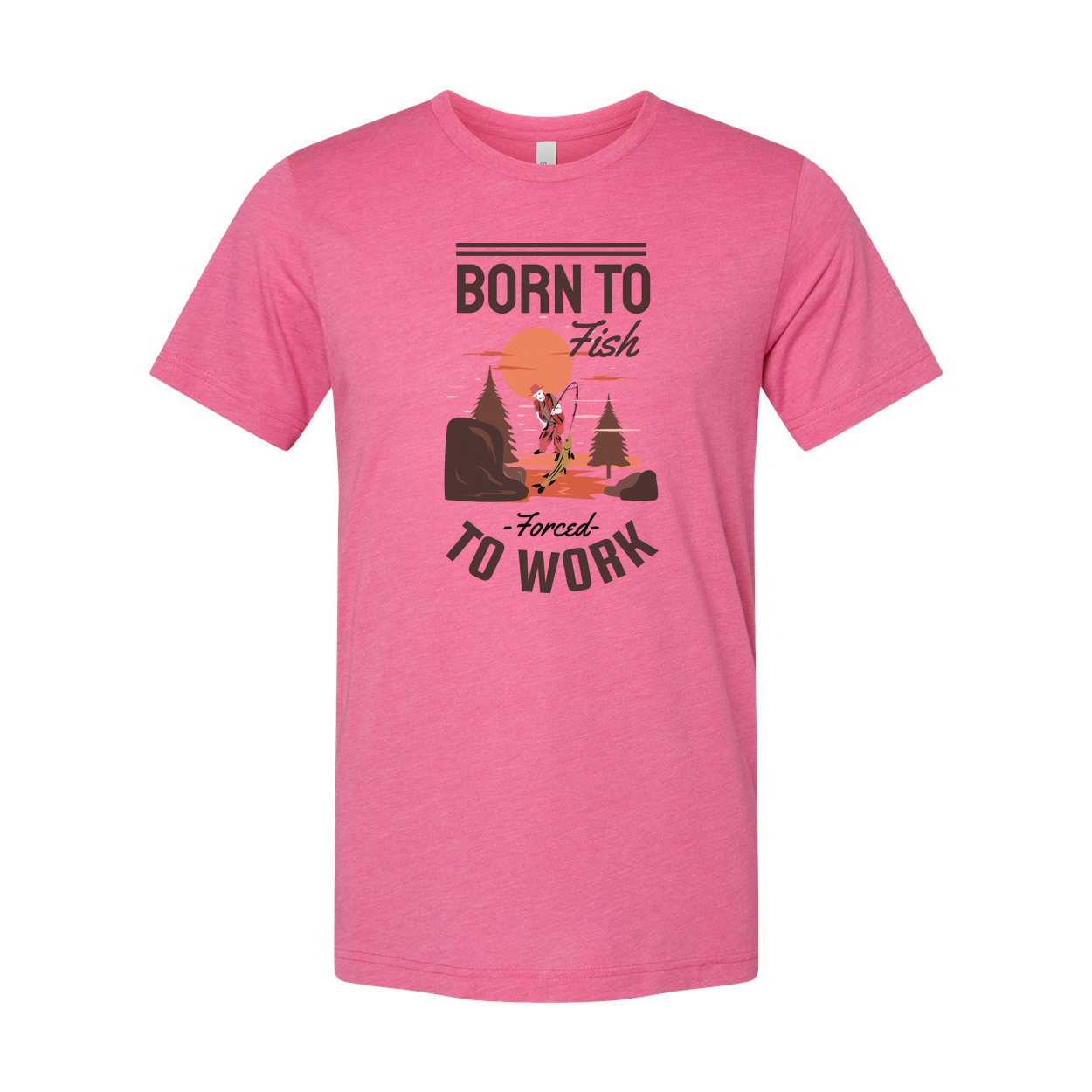 Born To Fish Unisex Graphic Tee With Fishing Scene And Forced To Work Slogan For Outdoor Wear
