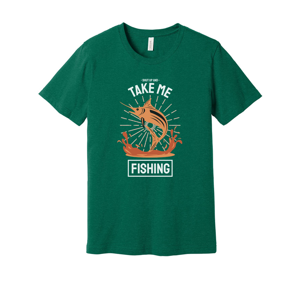 Shut Up And Take Me Fishing Unisex Graphic Tee With Jumping Marlin And Ocean Splash Design