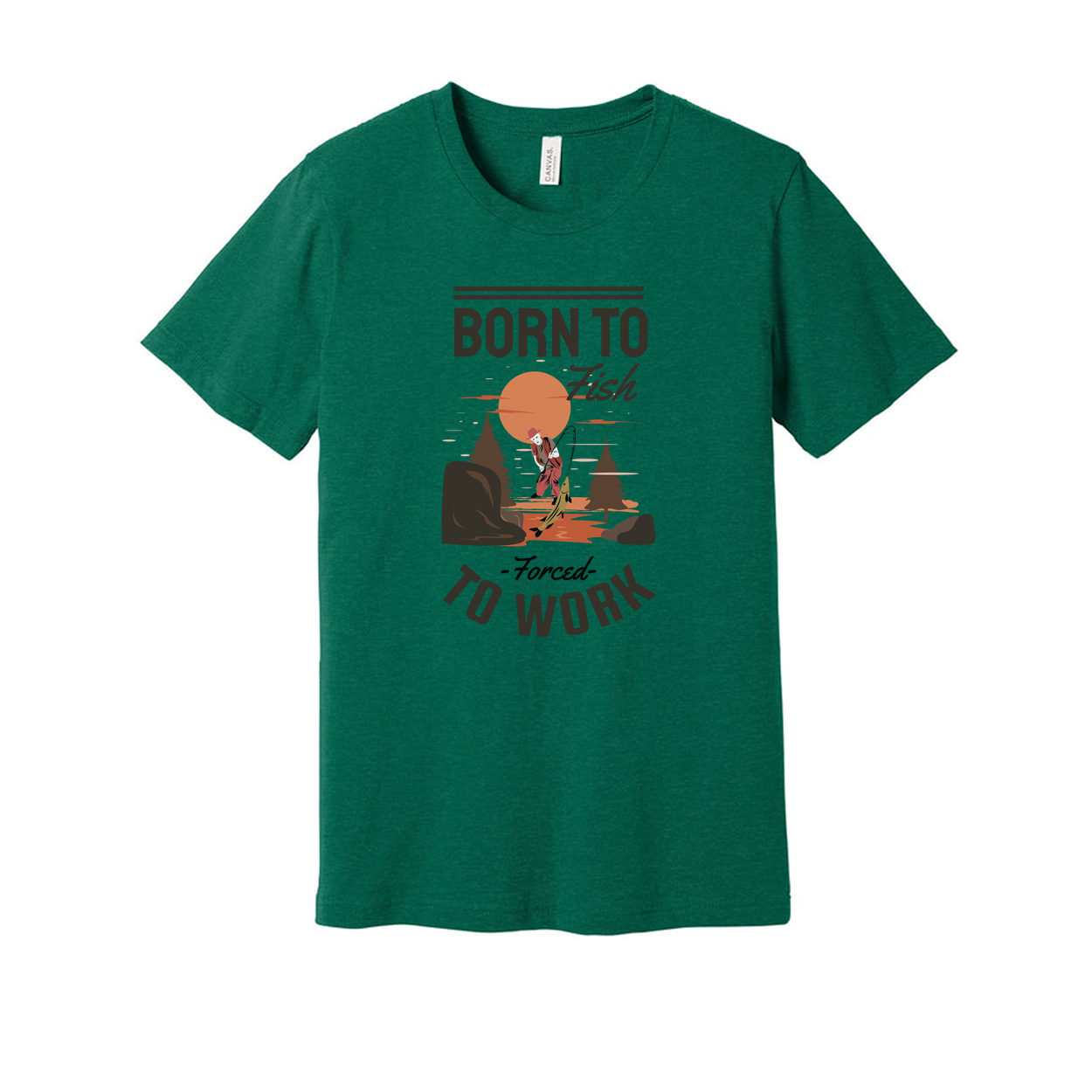 Born To Fish Unisex Graphic Tee With Fishing Scene And Forced To Work Slogan For Outdoor Wear