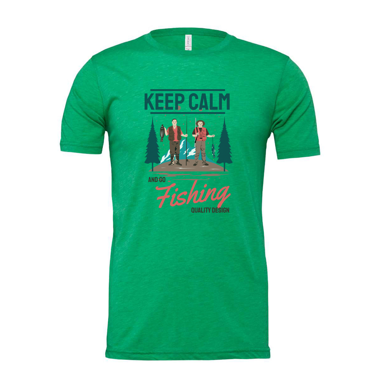 Keep Calm And Go Fishing Graphic Tee Featuring Two Anglers In A Forest Scene For Outdoorsy Unisex Wear