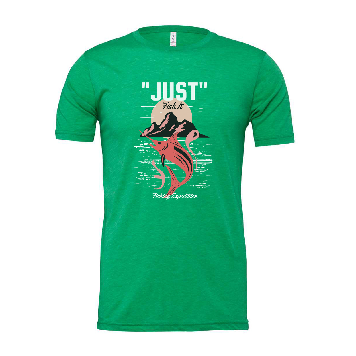 Just Fish It Graphic Unisex T Shirt With Sunset Mountain Marlin Design For Fishing Enthusiasts