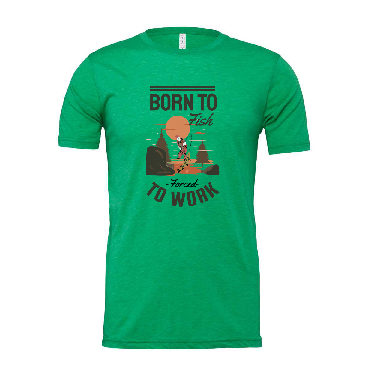 Born To Fish Unisex Graphic Tee With Fishing Scene And Forced To Work Slogan For Outdoor Wear