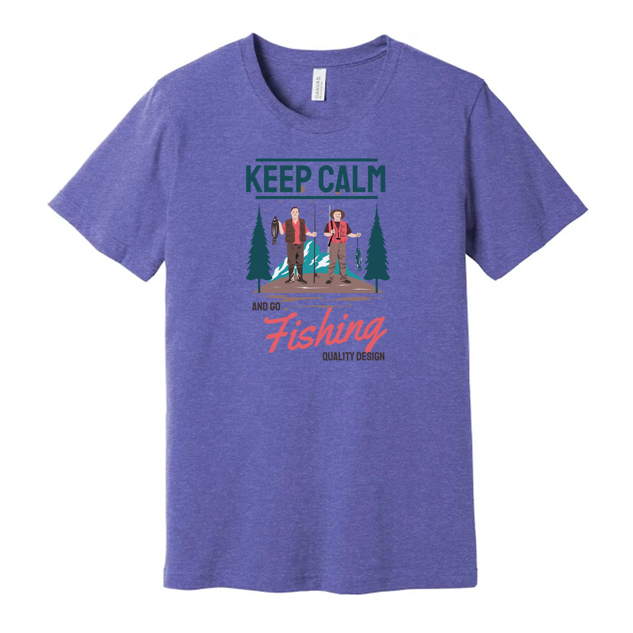 Keep Calm And Go Fishing Graphic Tee Featuring Two Anglers In A Forest Scene For Outdoorsy Unisex Wear