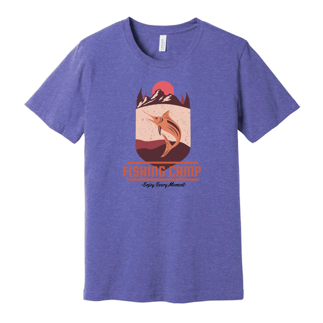 Fishing Camp Graphic T Shirt With Mountain Sunset And Leaping Fish Design For Outdoor Lovers