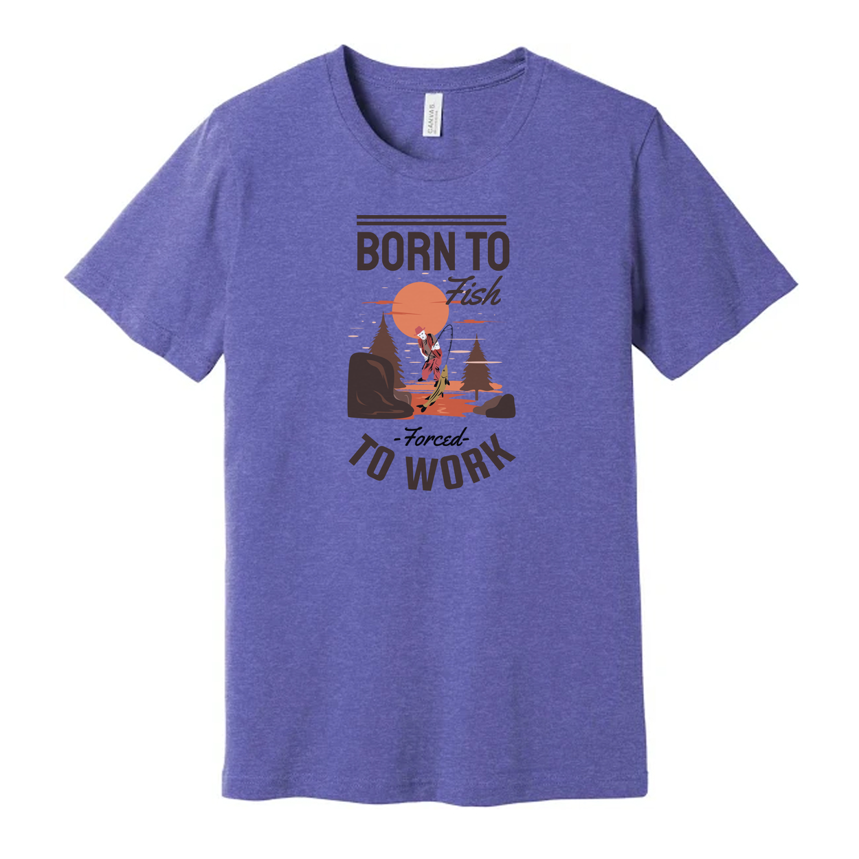 Born To Fish Unisex Graphic Tee With Fishing Scene And Forced To Work Slogan For Outdoor Wear