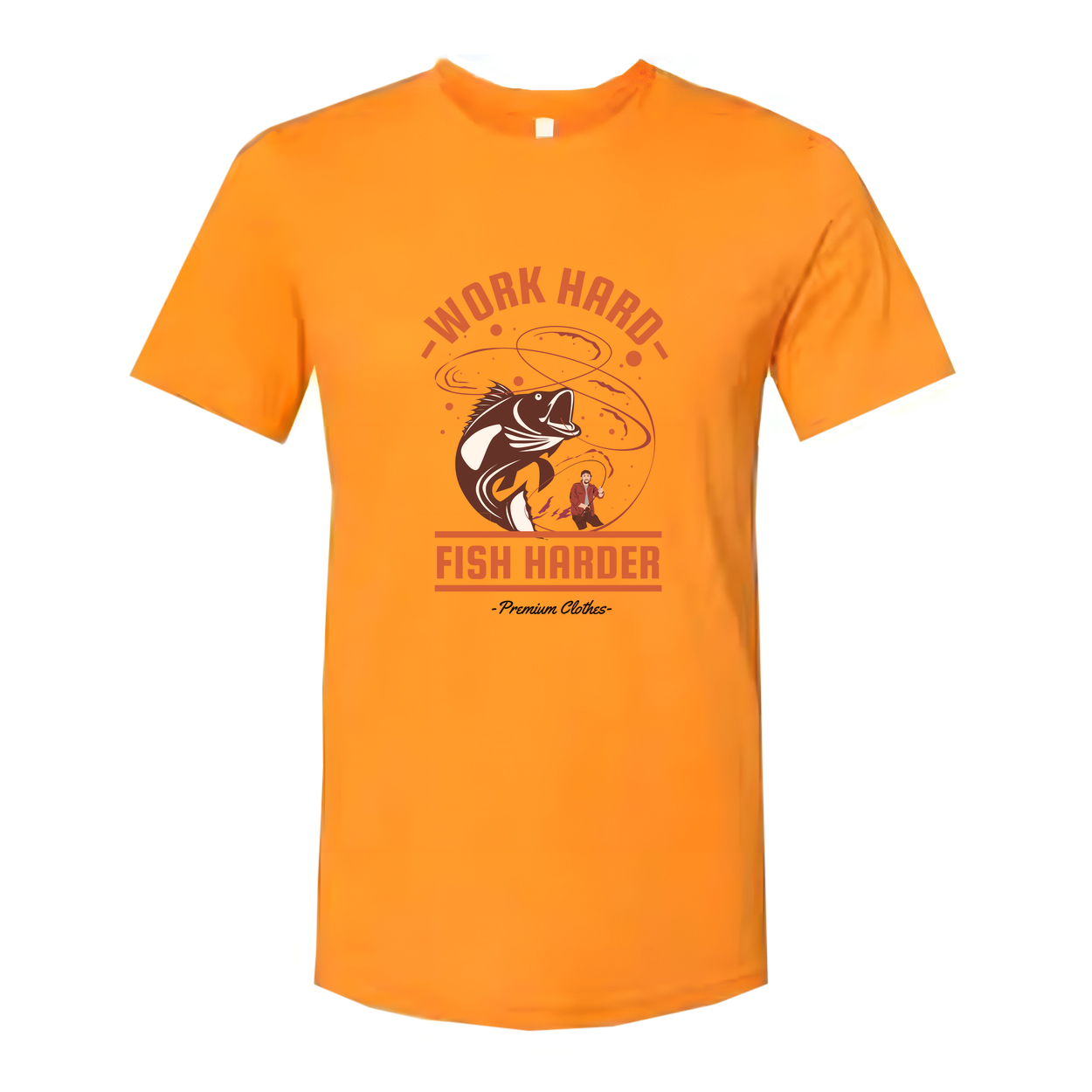 Work Hard Fish Harder Fishing Graphic Tee for Unisex Adults with Bold Orange Artwork