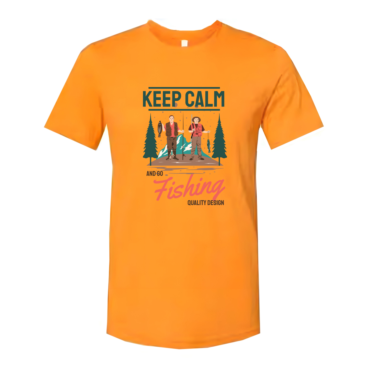 Keep Calm And Go Fishing Graphic Tee Featuring Two Anglers In A Forest Scene For Outdoorsy Unisex Wear