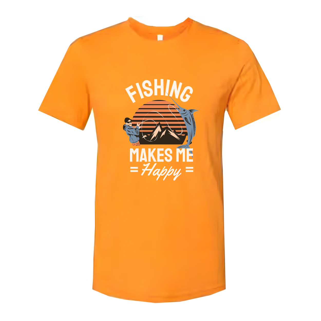 Unisex Fishing Graphic Tee Featuring Sunset Mountain Scene With Angler And Large Fish