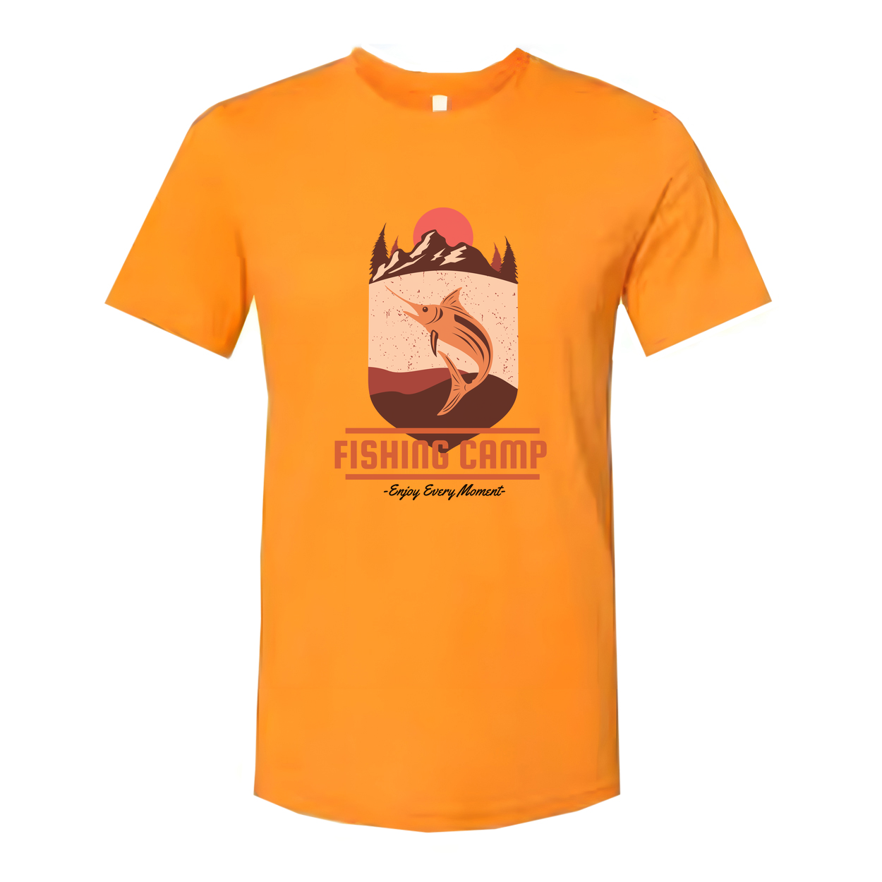 Fishing Camp Graphic T Shirt With Mountain Sunset And Leaping Fish Design For Outdoor Lovers