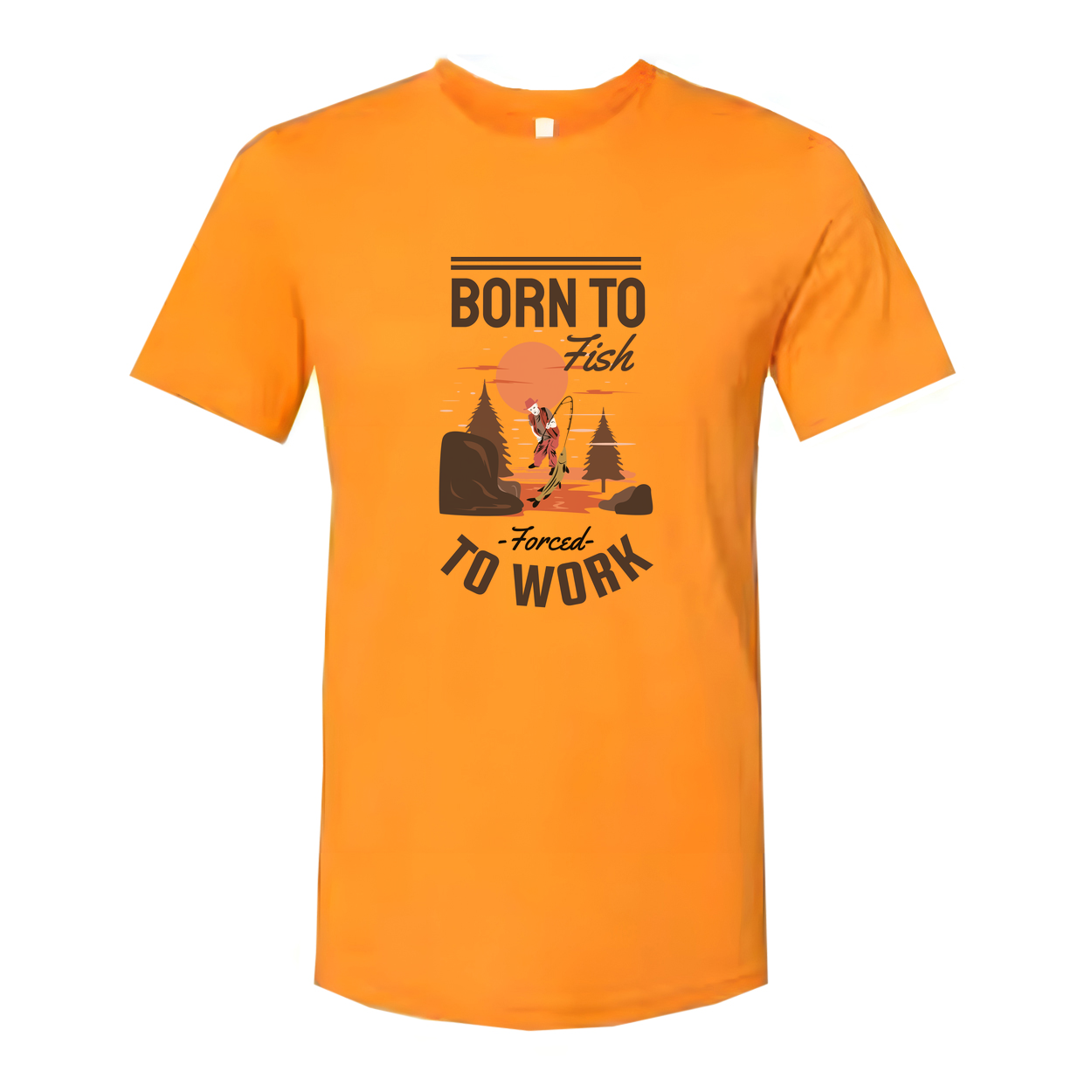 Born To Fish Unisex Graphic Tee With Fishing Scene And Forced To Work Slogan For Outdoor Wear