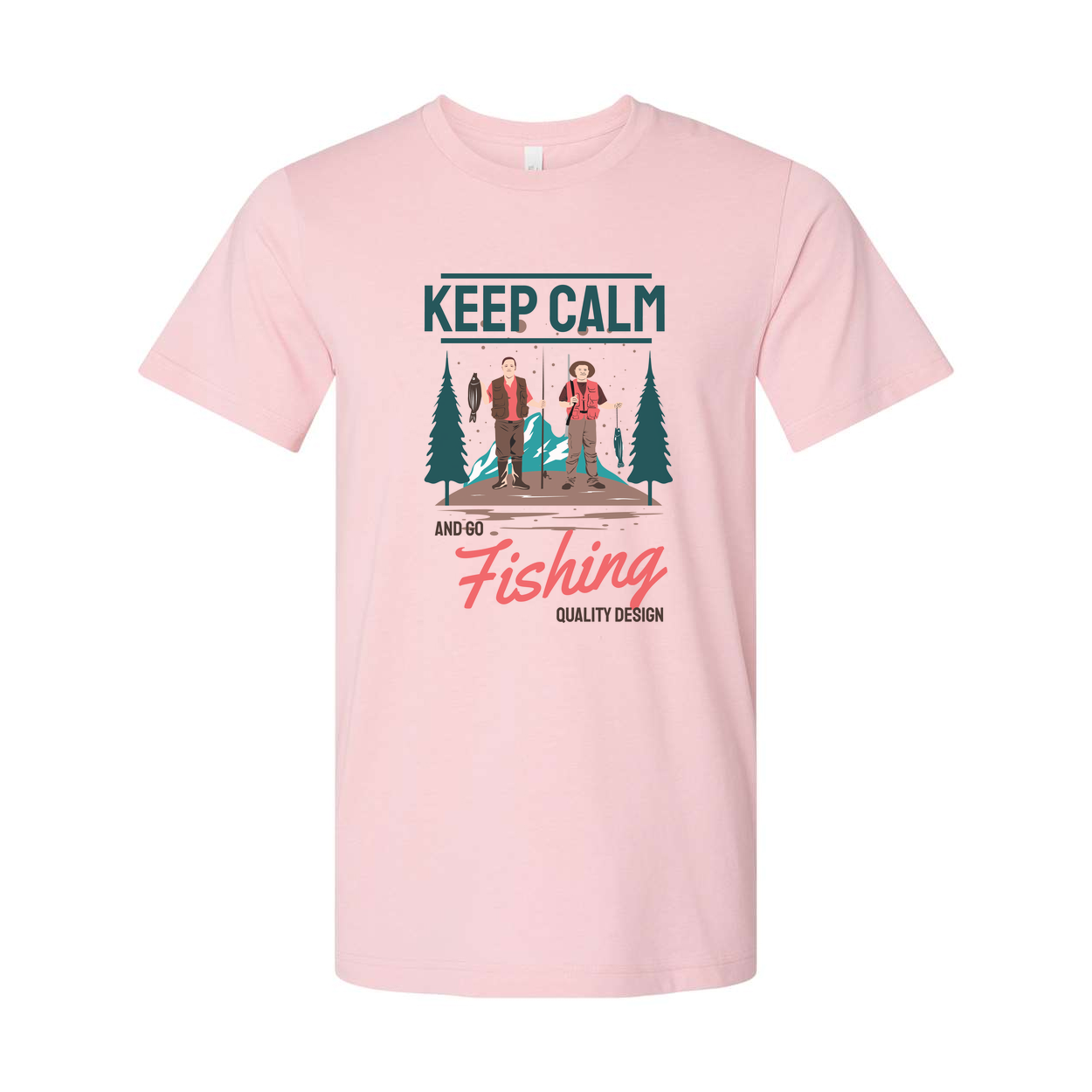 Keep Calm And Go Fishing Graphic Tee Featuring Two Anglers In A Forest Scene For Outdoorsy Unisex Wear