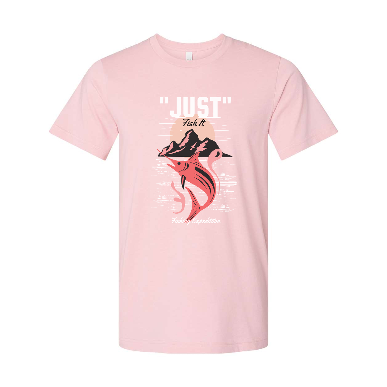 Just Fish It Graphic Unisex T Shirt With Sunset Mountain Marlin Design For Fishing Enthusiasts