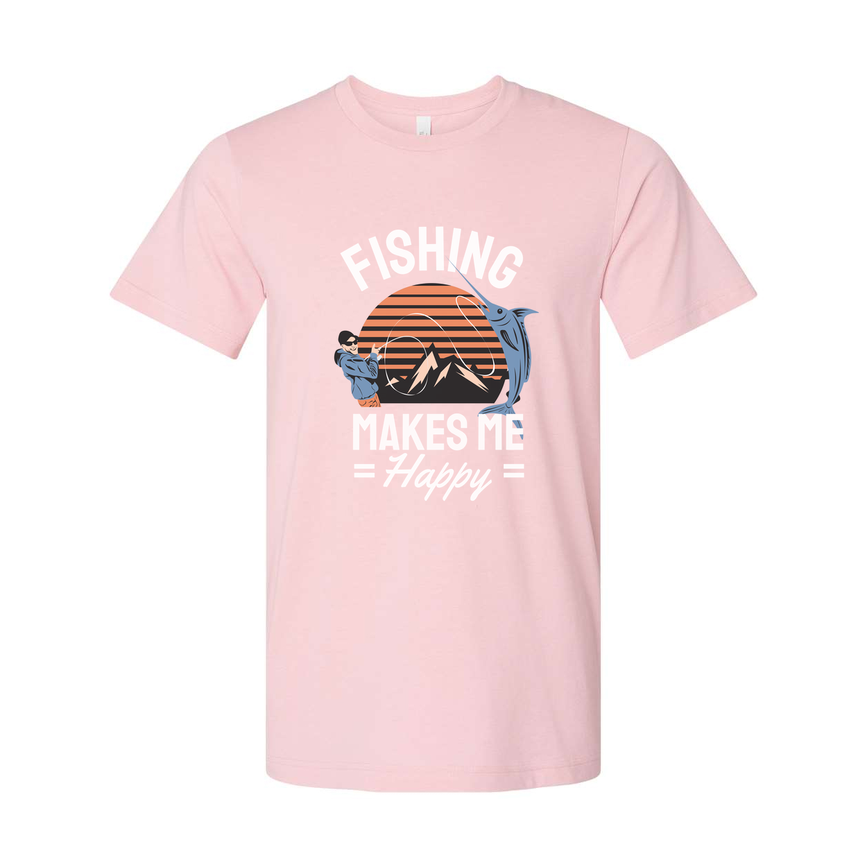 Unisex Fishing Graphic Tee Featuring Sunset Mountain Scene With Angler And Large Fish