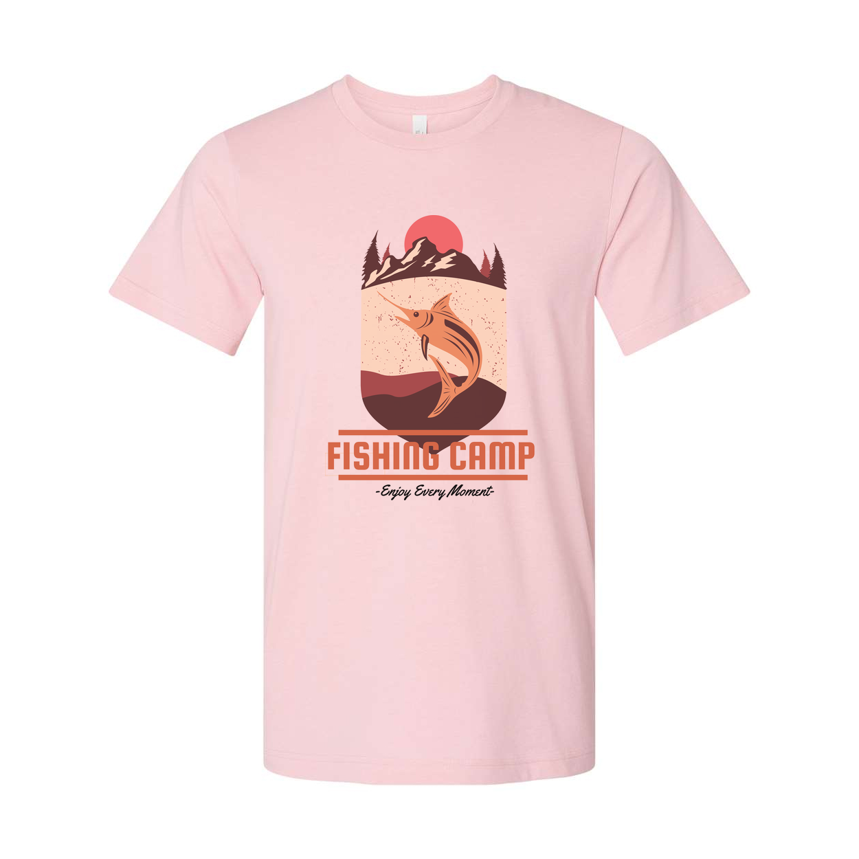 Fishing Camp Graphic T Shirt With Mountain Sunset And Leaping Fish Design For Outdoor Lovers