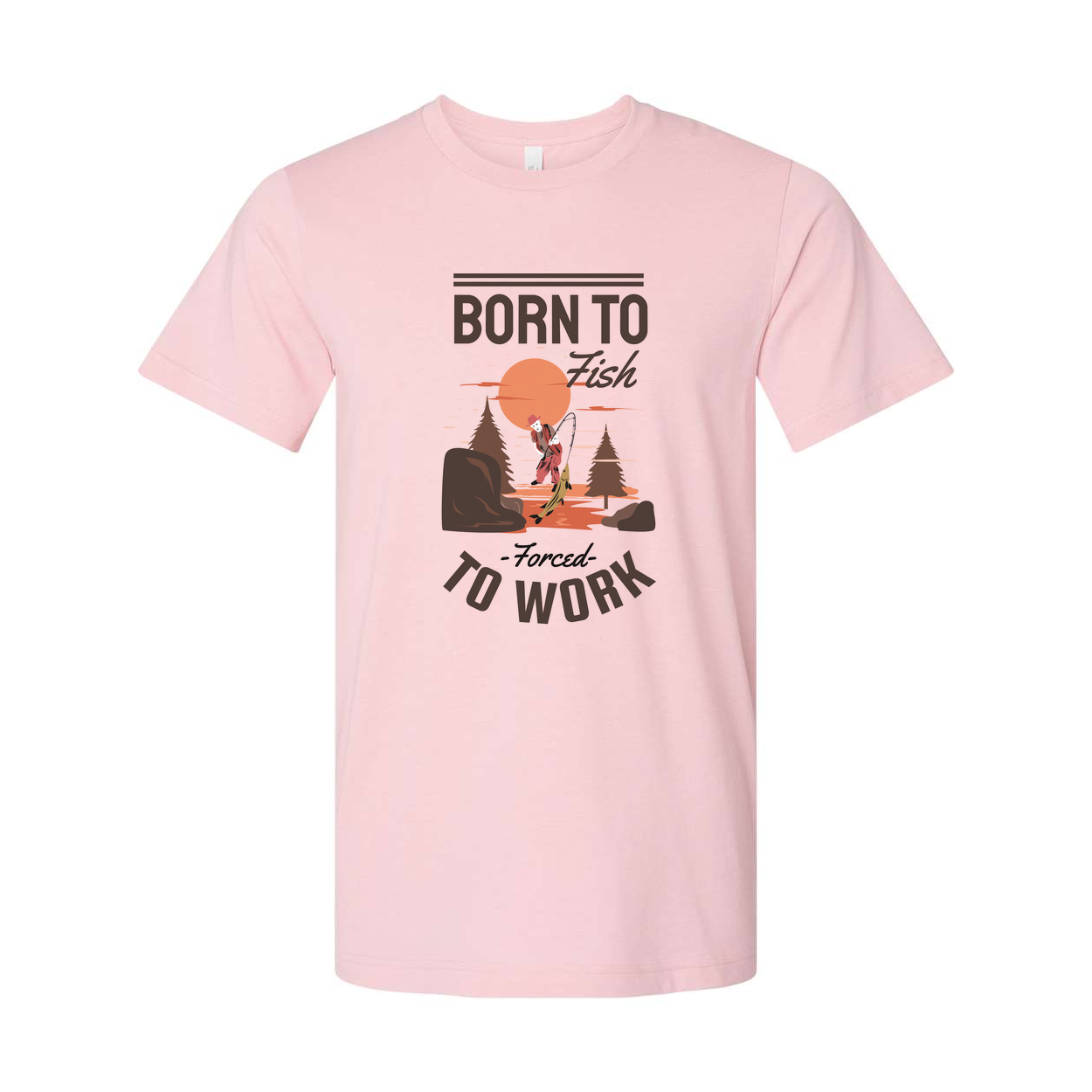 Born To Fish Unisex Graphic Tee With Fishing Scene And Forced To Work Slogan For Outdoor Wear