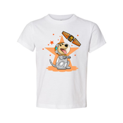 Space Dog Cartoon Graphic Tee With Orange Star Background And Satellite Illustration Design
