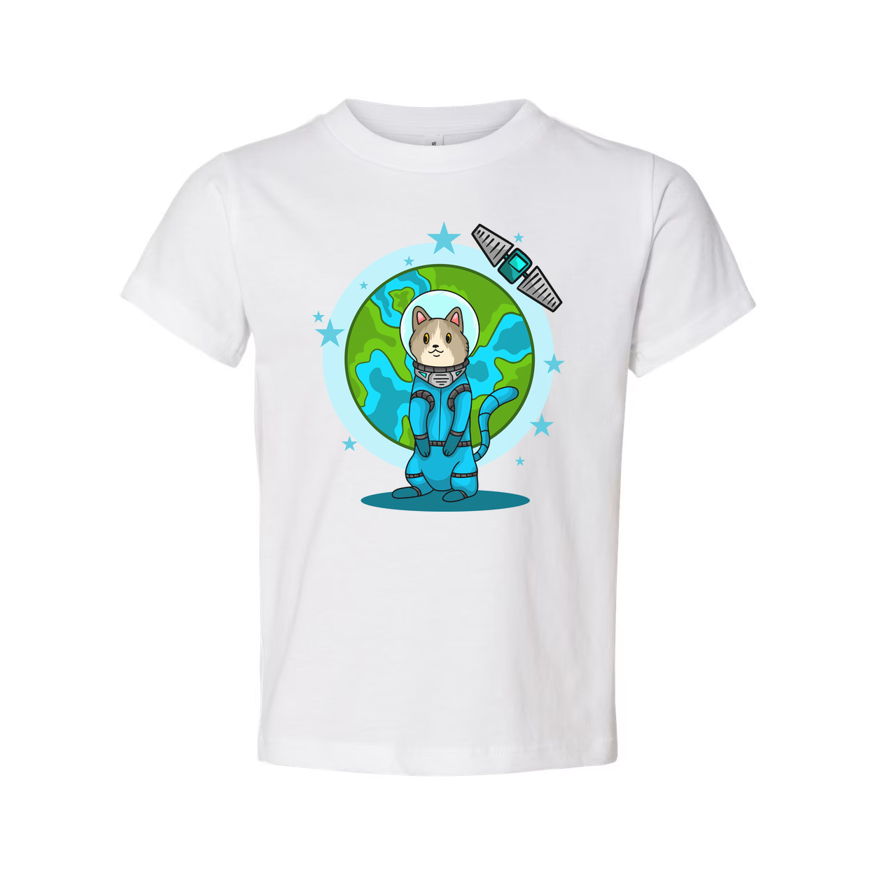 Space Animals Cat In Spacesuit T Shirt With Earth Backdrop And Satellite Graphic Design