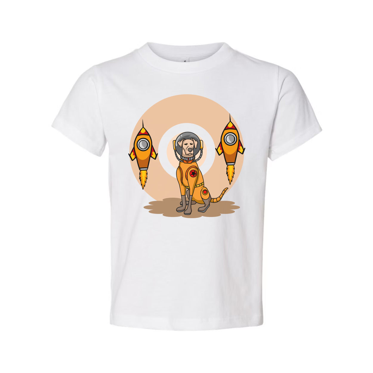 Space Explorer Dog T Shirt With Orange Lunar Rockets Design For Unisex Adults Enthusiasts