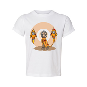 Space Explorer Dog T Shirt With Orange Lunar Rockets Design For Unisex Adults Enthusiasts