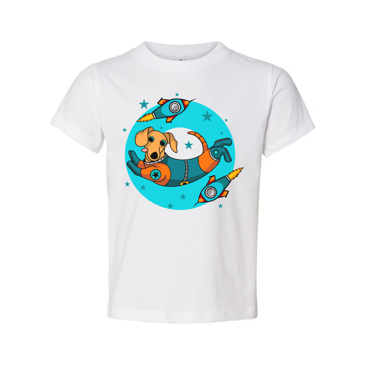 Space Dog In Astronaut Suit Surrounded By Rockets And Stars Graphic Unisex T Shirt