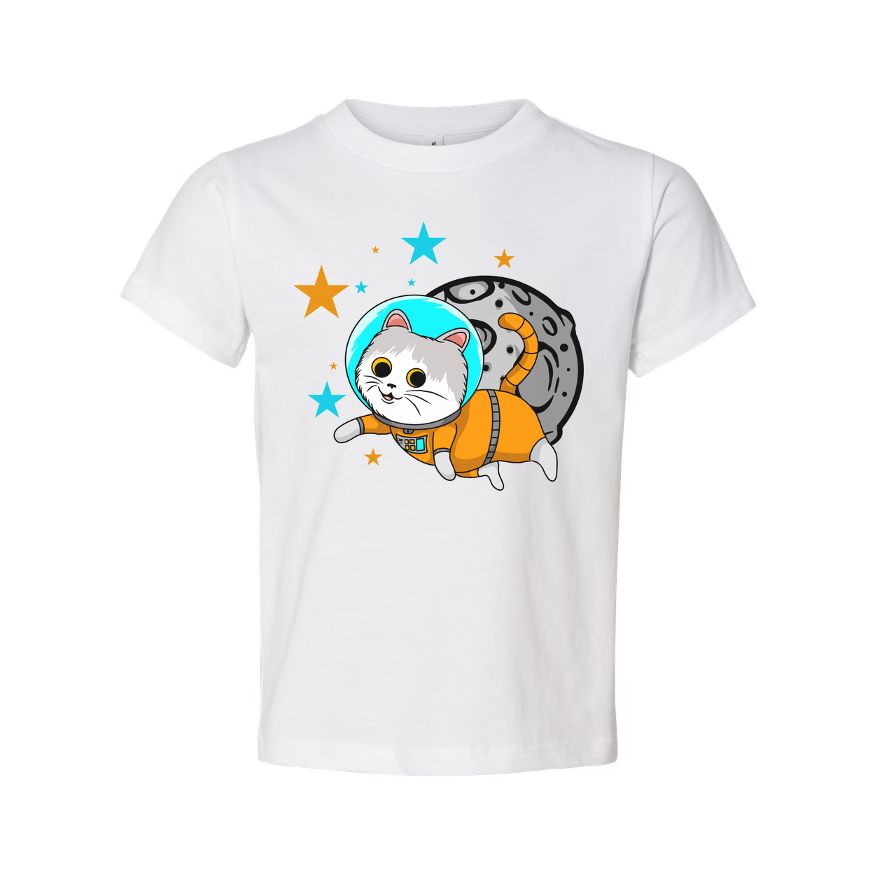 Space Cat Astronaut Cartoon Unisex T Shirt With Orange Spacesuit And Moon Backdrop